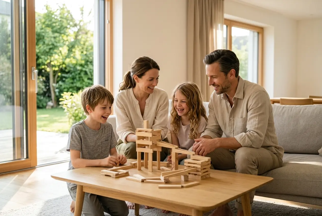 Wissenschaftlich fundierter Investitionsansatz – Sophie, Maximilian, Leo und Mia beim gemeinsamen Bauen mit Holzbausteinen – zaldor Hofheim